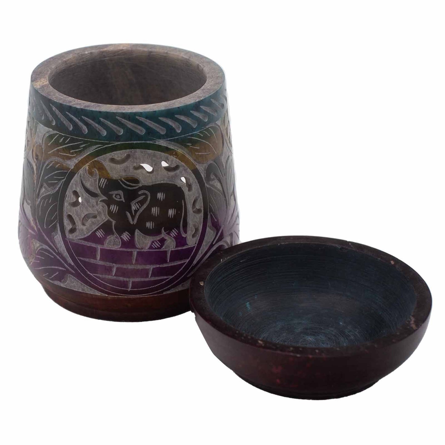Alt Tag: Elegant Soapstone Elephant Oil Burner – 13x10 CM, carved soapstone elephant design oil burner with removable dish