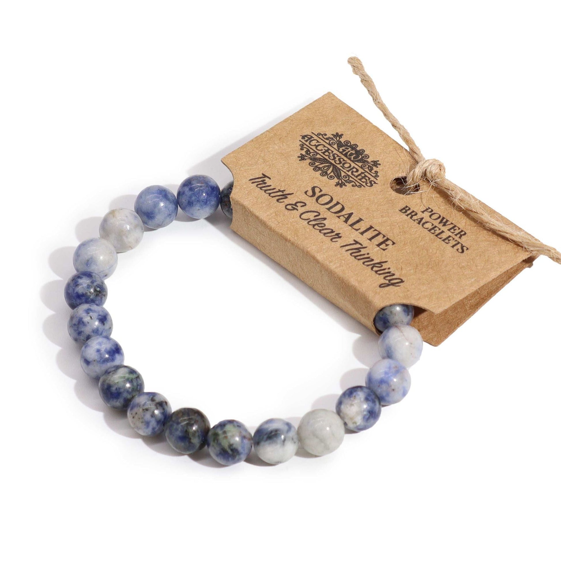Sodalite Gemstone Power Bracelet – 8MM with polished blue sodalite beads and kraft tag, elastic stretch bracelet