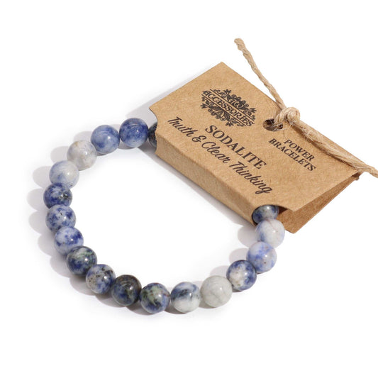 Sodalite Gemstone Power Bracelet – 8MM with polished blue sodalite beads and kraft tag, elastic stretch bracelet