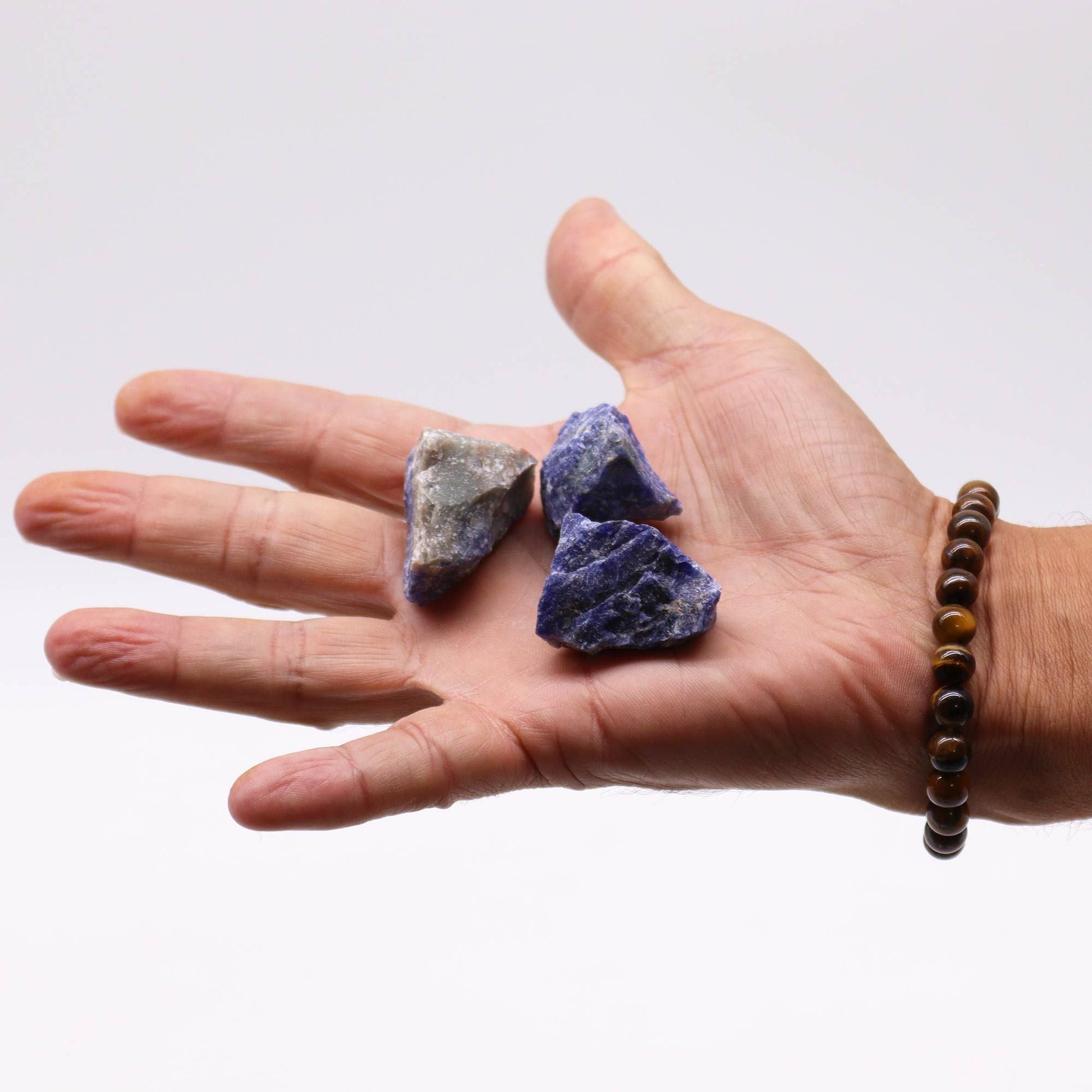 Sodalite Gemstone Crystals – 500G, piedras en bruto azules con vetas blancas sobre una mano, muestra de tamaño