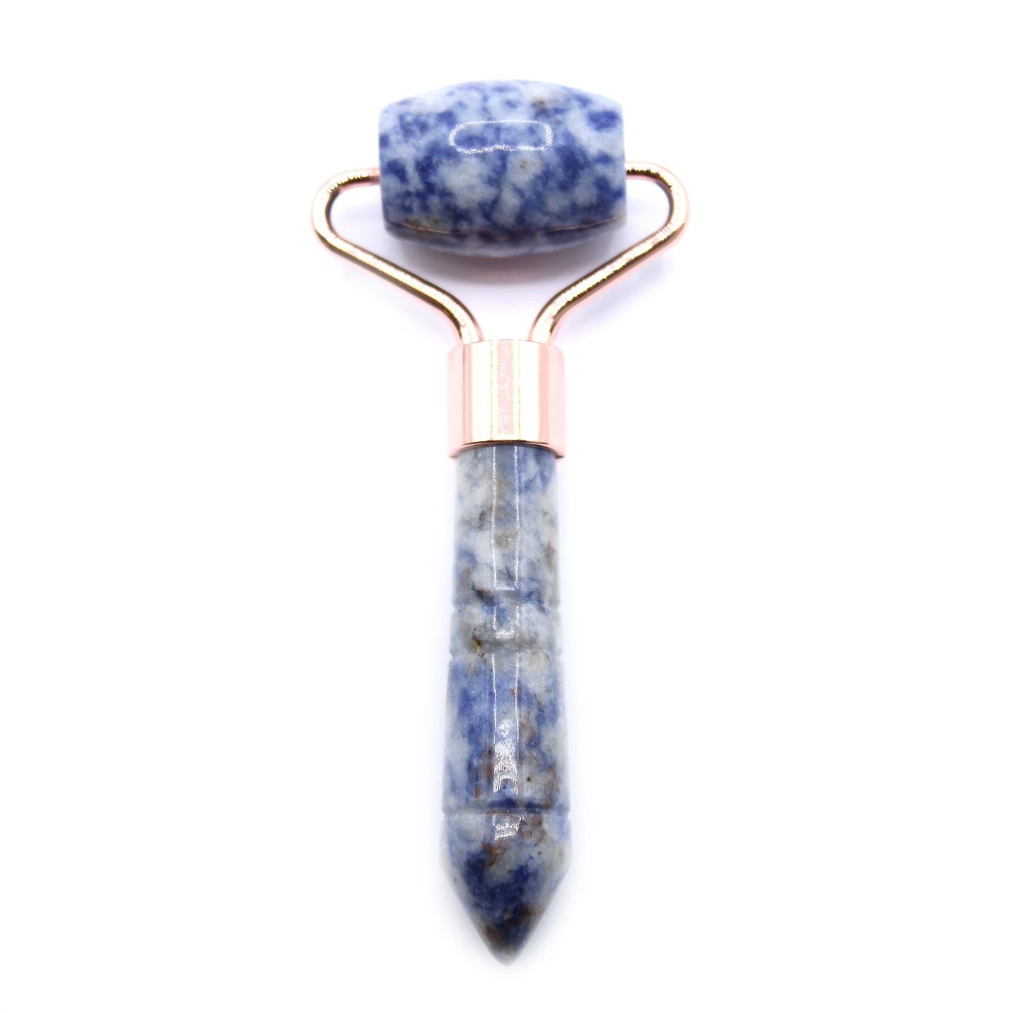 Alt Tag: Sodalite Gemstone Face Roller – Compact 9CM mini facial roller with blue sodalite stone and metal frame on white background