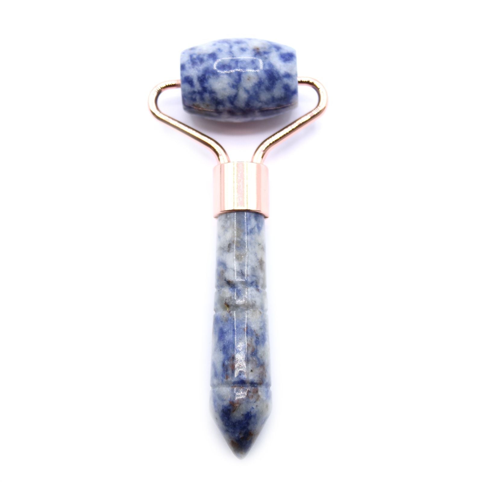 Alt Tag: Sodalite Gemstone Face Roller – Compact 9CM mini facial roller with blue sodalite stone and metal frame on white background