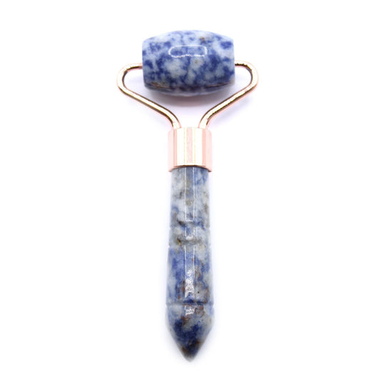 Alt Tag: Sodalite Gemstone Face Roller – Compact 9CM mini facial roller with blue sodalite stone and metal frame on white background
