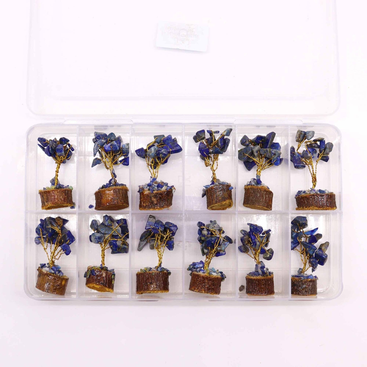 Alt Tag: Sodalite Gemstone Tree – 15 Stones Miniature set of 12 mini sodalite chipstone wire trees on wooden bases in organizer box