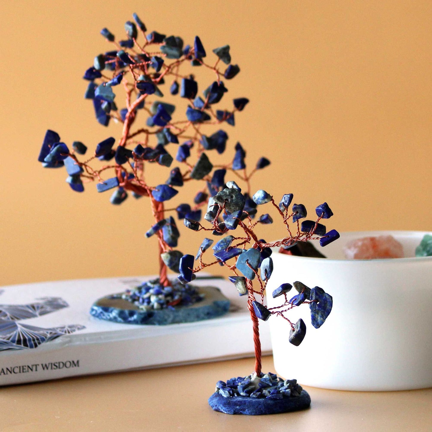 Sodalite Gemstone Tree – 35 Stones on Blue Agate, handcrafted gemstone wishing tree decor with copper wire branches and blue agate base