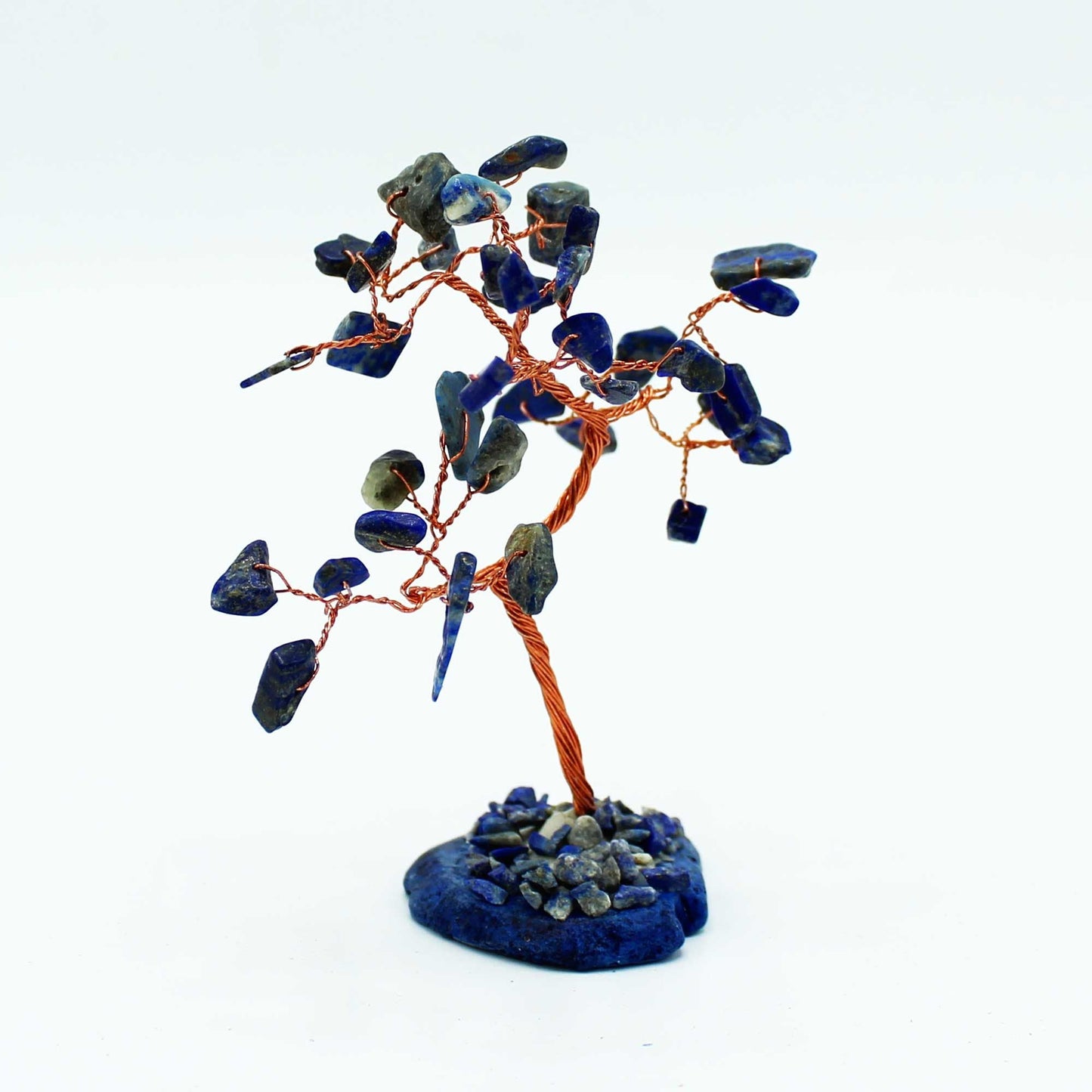 Sodalite Gemstone Tree – 35 Stones on Blue Agate, copper wire gemstone bonsai decor on blue agate base