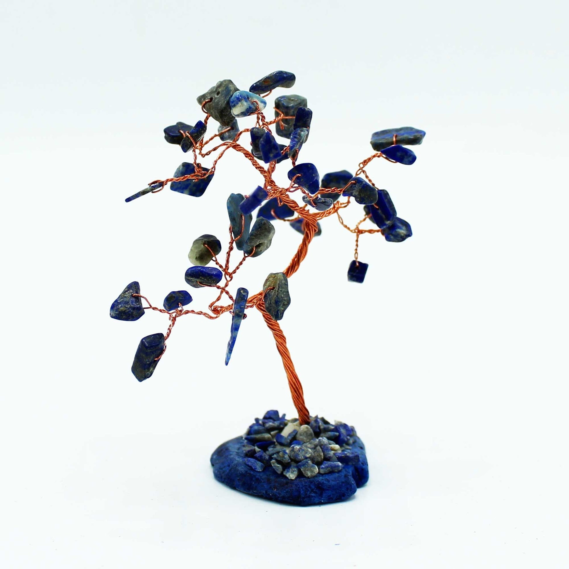 Sodalite Gemstone Tree – 35 Stones on Blue Agate, copper wire gemstone bonsai decor on blue agate base