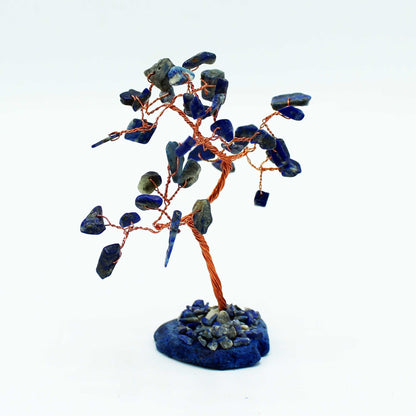 Sodalite Gemstone Tree – 35 Stones on Blue Agate, copper wire gemstone bonsai decor on blue agate base