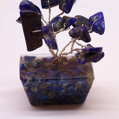 Alt Tag: Sodalite Gemstone Tree – Orgonite Base, 15 Stones with blue gemstone chips on wire branches and rectangular orgonite base