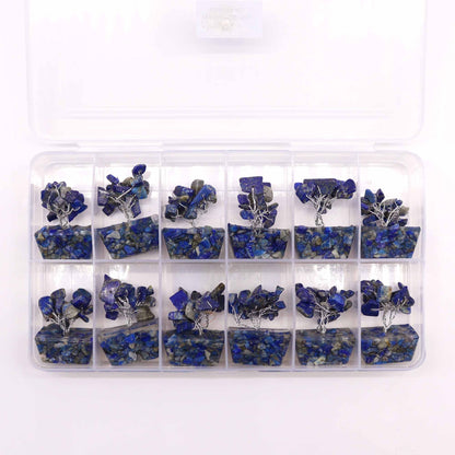 Alt Tag: Sodalite Gemstone Tree – Orgonite Base, 15 Stones set in clear organizer box with blue sodalite chip trees