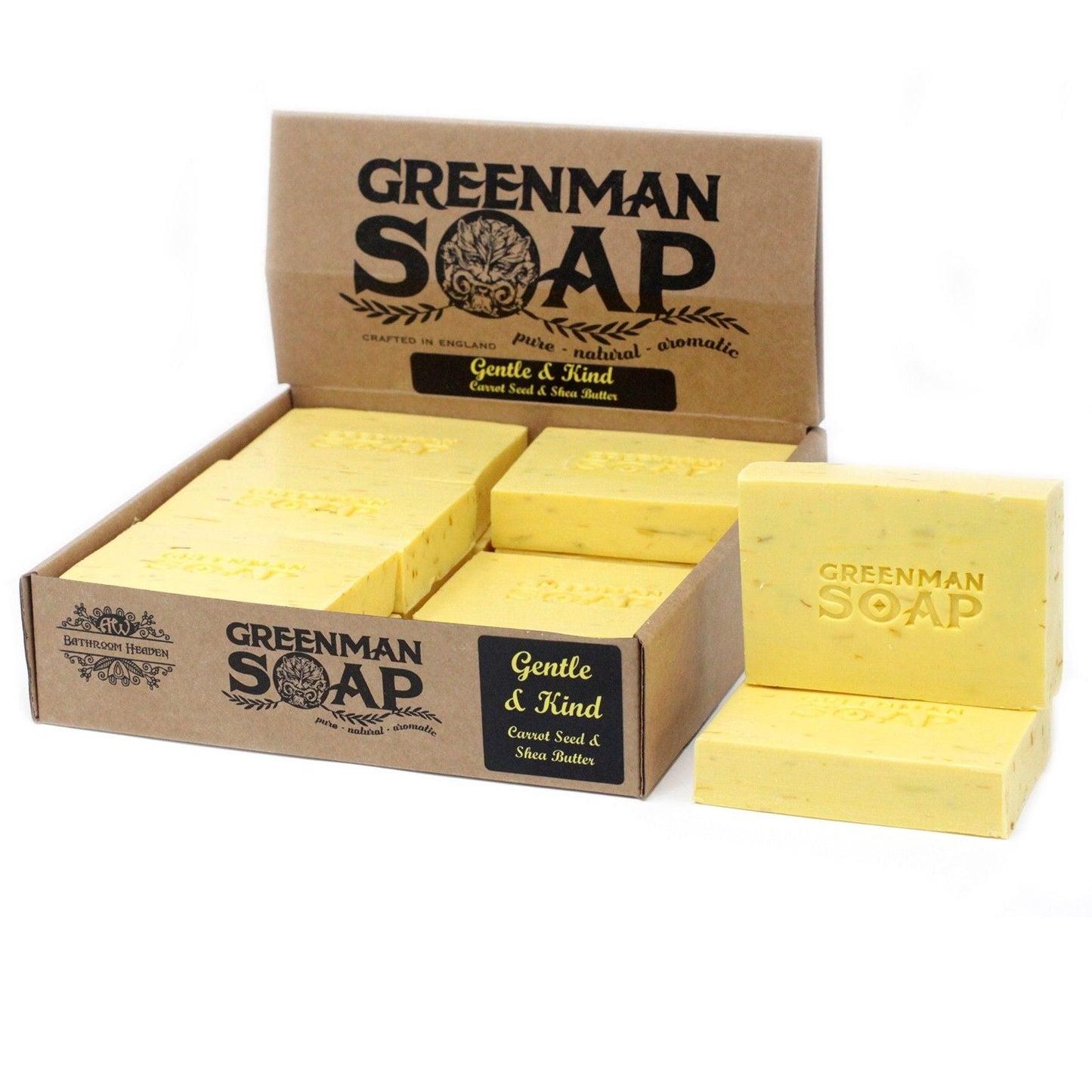 Sodium Palmate Greenman Soap – 100G Gentle & Kind yellow soap bars in branded box, carrot seed & shea butter