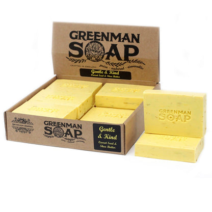Sodium Palmate Greenman Soap – 100G Gentle & Kind yellow soap bars in branded box, carrot seed & shea butter