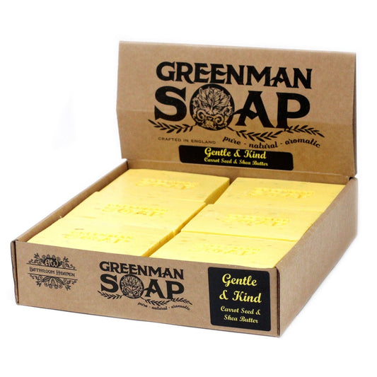 Sodium Palmate Greenman Soap – 100G Gentle & Kind display box with natural handmade soap bars, carrot seed & shea butter