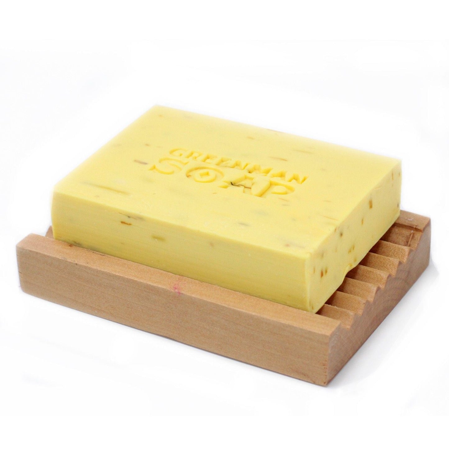 Alt Tag: Sodium Palmate Greenman Soap – 100G Gentle & Kind yellow bar soap on wooden dish, Greenman Soap logo embossed