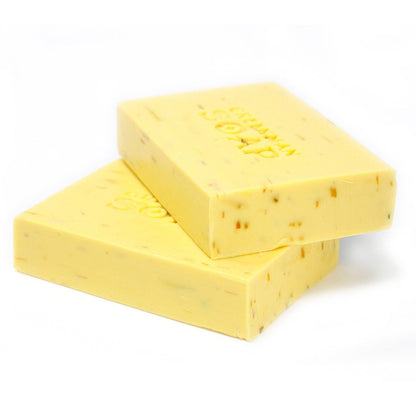 Alt Tag: Sodium Palmate Greenman Soap – 100G Gentle & Kind artisan bar soap with speckled texture, stacked on white background