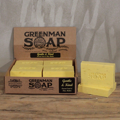 Sodium Palmate Greenman Soap – 100G Gentle & Kind natural soap bars in display box with one bar outside, carrot seed & shea butter