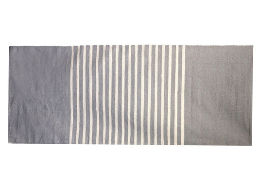 Alt Tag: Soft Cotton Indian Rug – 70x170 CM Grey, handcrafted cotton runner with grey and white stripes, rectangular accent rug