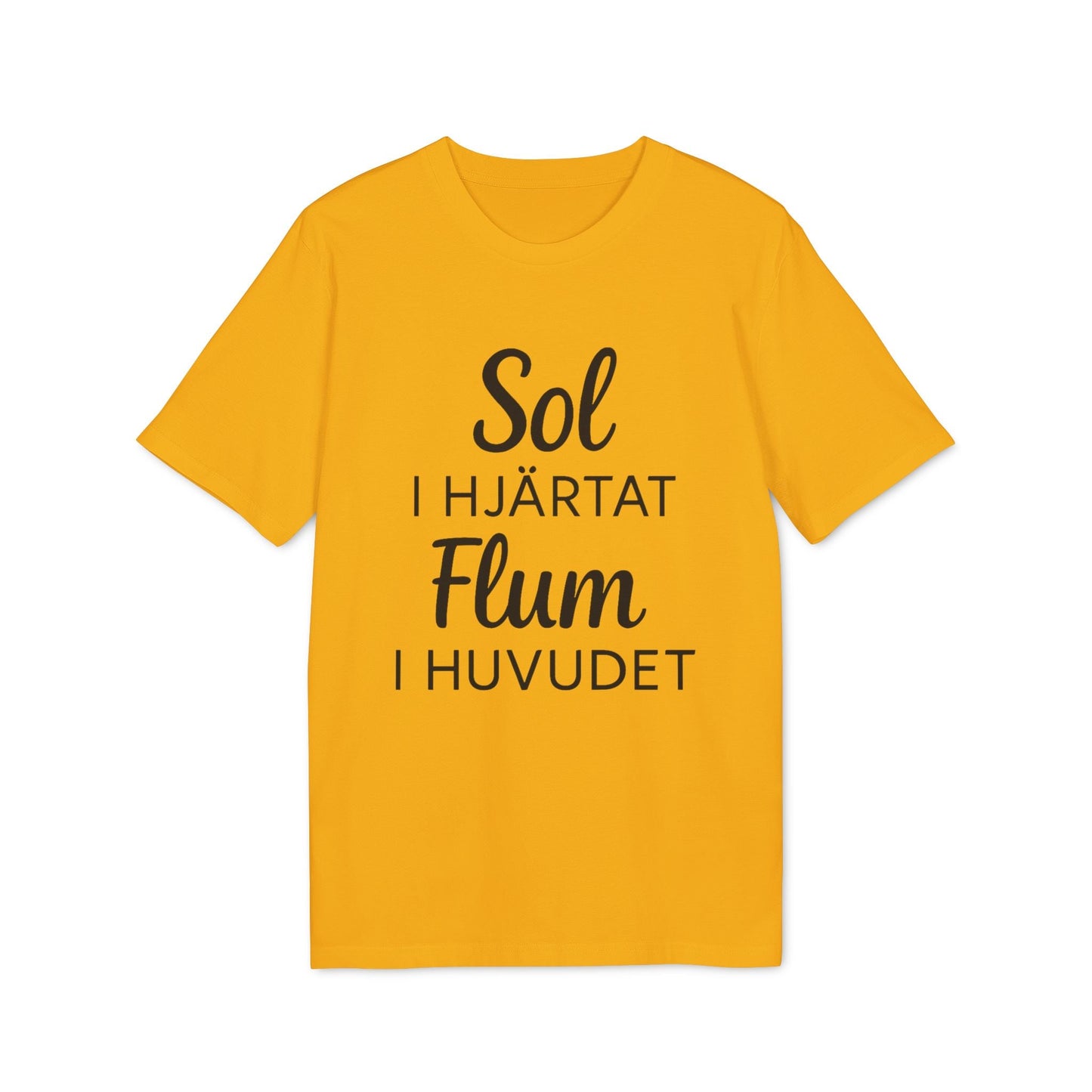 Sol I Hjärtat Flum I Huvudet 100% Organic Cotton T-Shirt yellow graphic tee with black Swedish text print
