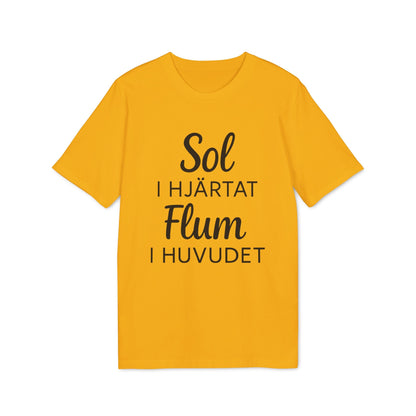 Sol I Hjärtat Flum I Huvudet 100% Organic Cotton T-Shirt yellow graphic tee with black Swedish text print