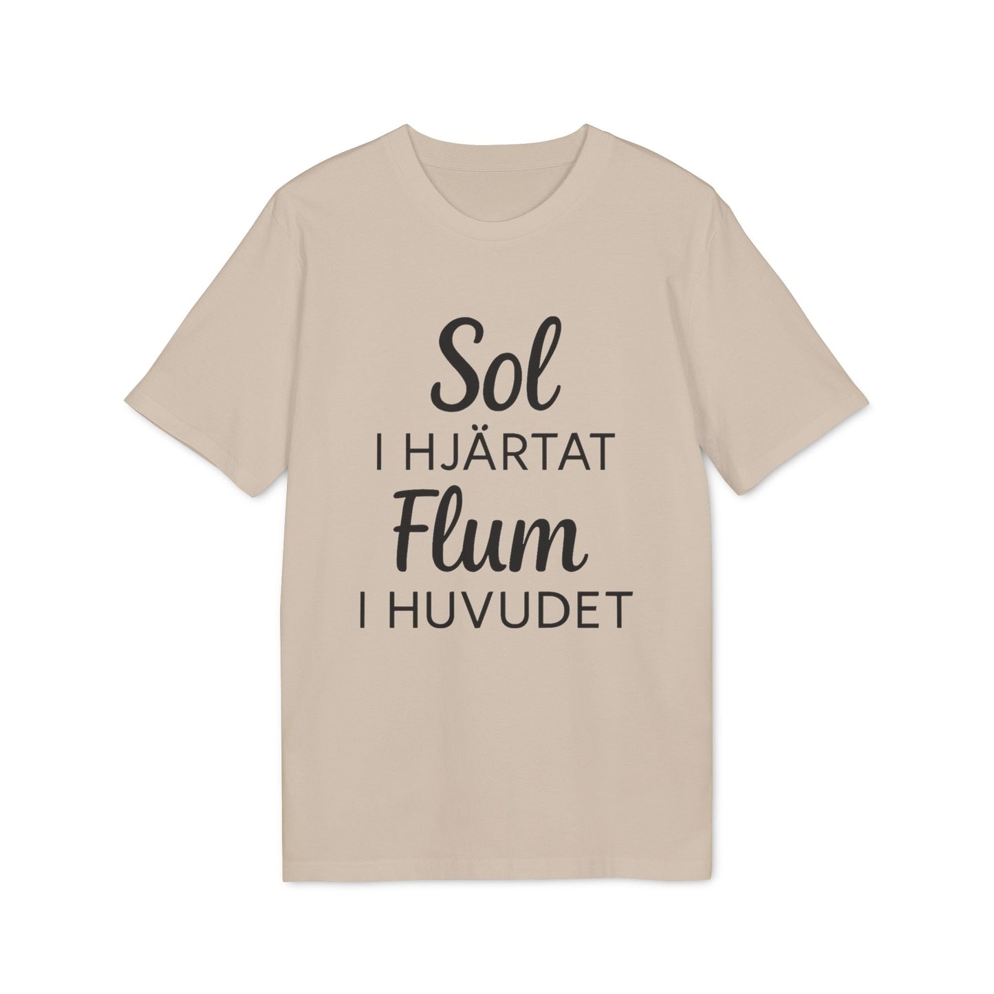 Sol I Hjärtat Flum I Huvudet 100% Organic Cotton T-Shirt beige unisex crew neck with black Swedish text print