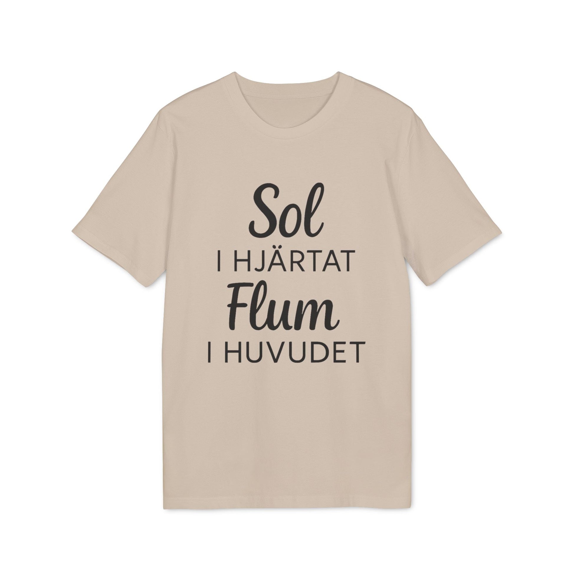 Sol I Hjärtat Flum I Huvudet 100% Organic Cotton T-Shirt beige unisex crew neck with black Swedish text print