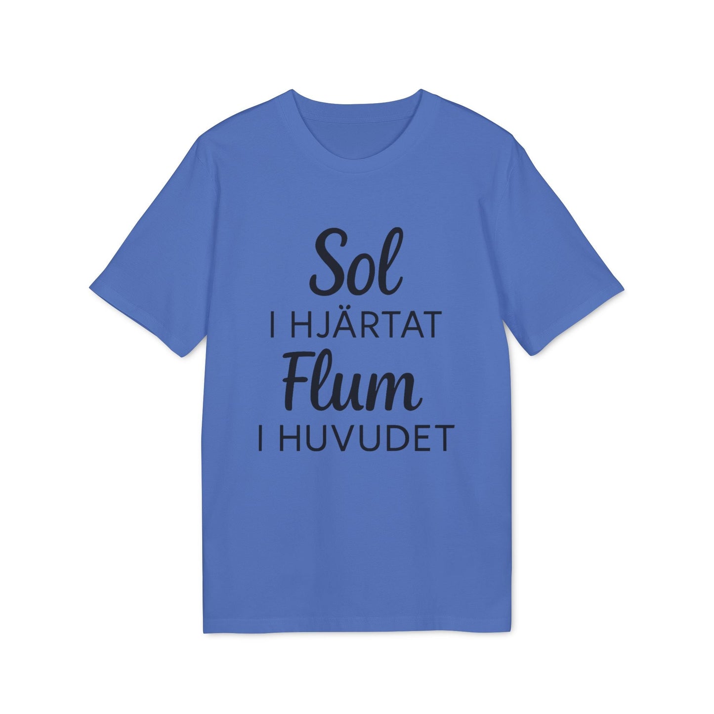 Sol I Hjärtat Flum I Huvudet 100% Organic Cotton T-Shirt blue crew neck tee with black Swedish text graphic