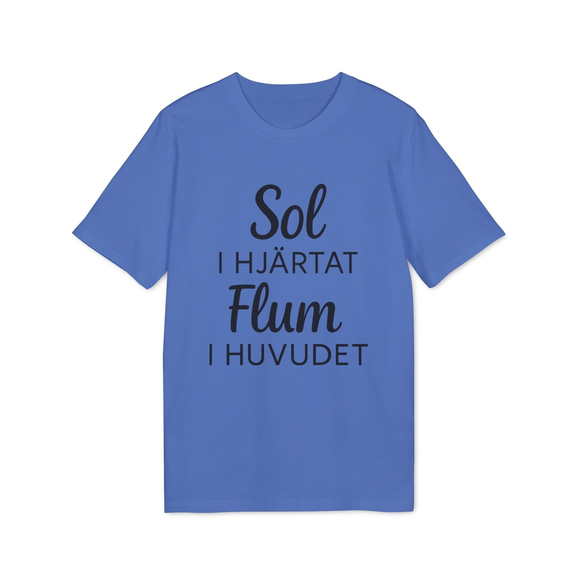Sol I Hjärtat Flum I Huvudet 100% Organic Cotton T-Shirt blue crew neck tee with black Swedish text graphic