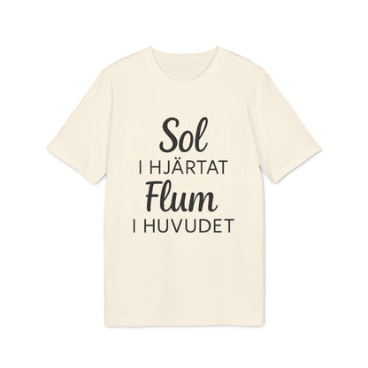 Alt Tag: Sol I Hjärtat Flum I Huvudet 100% Organic Cotton T-Shirt i cremefärg med svart texttryck, kortärmad unisex t-shirt