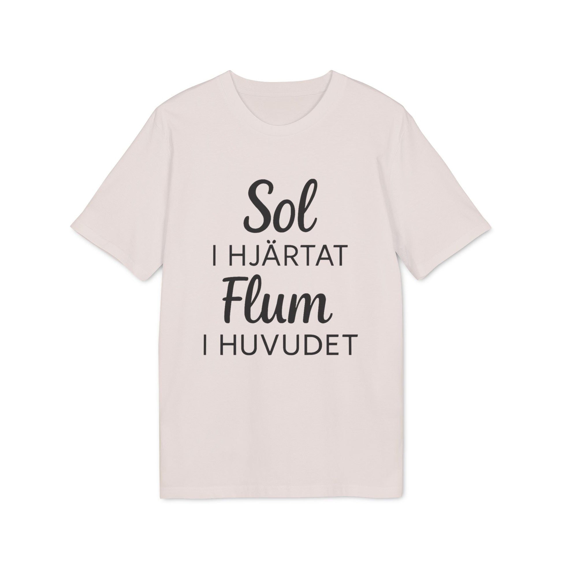 Sol I Hjärtat Flum I Huvudet 100% Organic Cotton T-Shirt beige tee with "Sol I Hjärtat Flum I Huvudet" text print