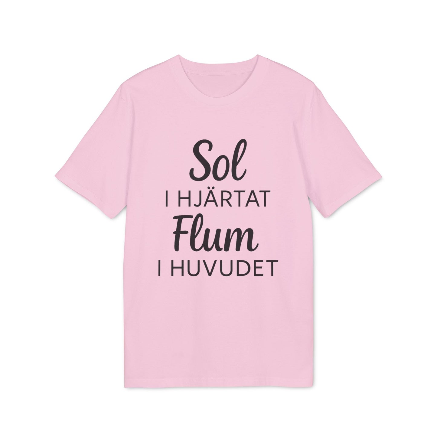 Alt Tag: Sol I Hjärtat Flum I Huvudet 100% Organic Cotton T-Shirt, light pink crewneck tee with “Sol I Hjärtat Flum I Huvudet” text