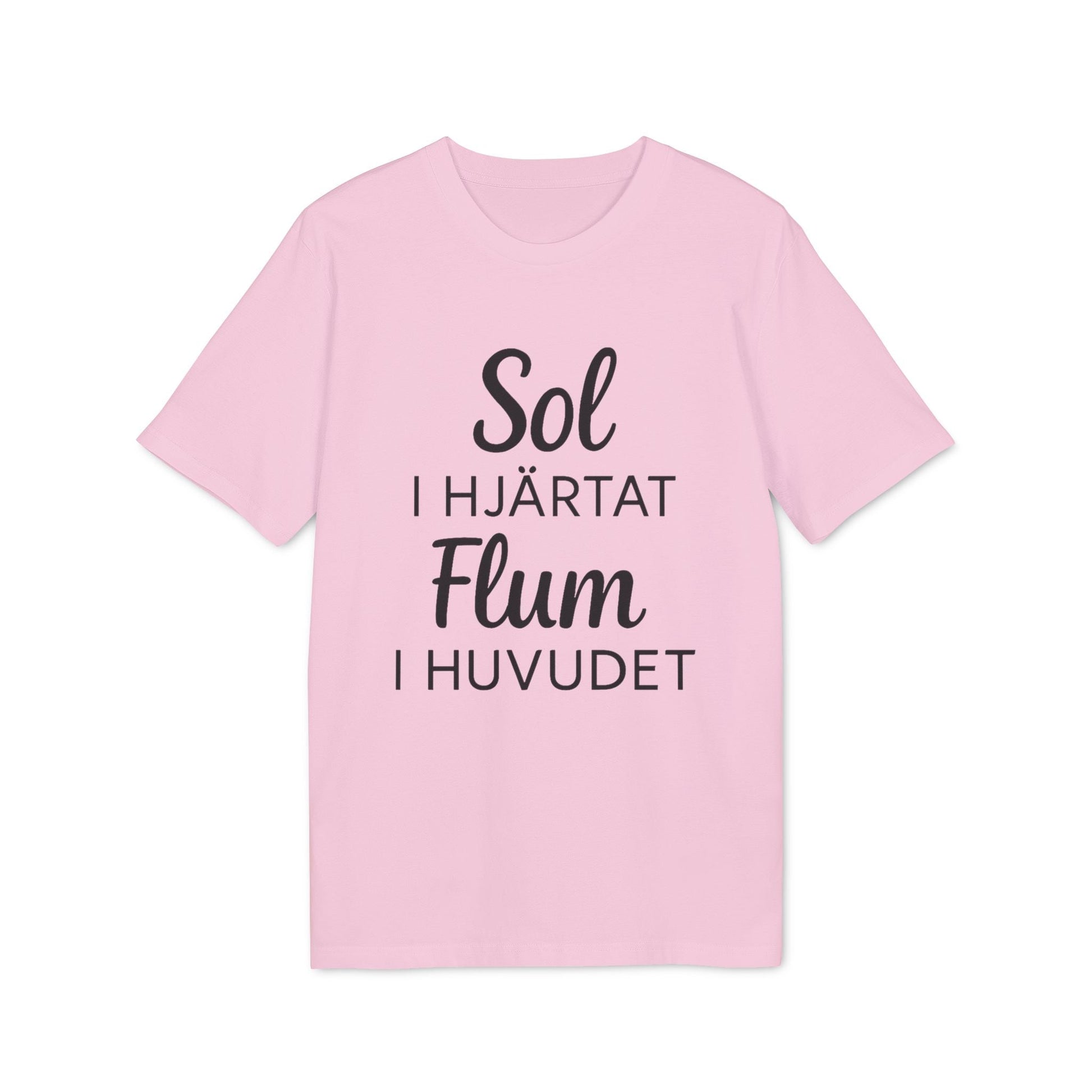 Alt Tag: Sol I Hjärtat Flum I Huvudet 100% Organic Cotton T-Shirt, light pink crewneck tee with “Sol I Hjärtat Flum I Huvudet” text