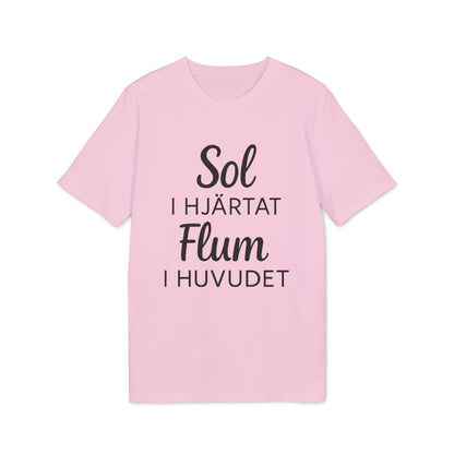 Alt Tag: Sol I Hjärtat Flum I Huvudet 100% Organic Cotton T-Shirt, light pink crewneck tee with “Sol I Hjärtat Flum I Huvudet” text