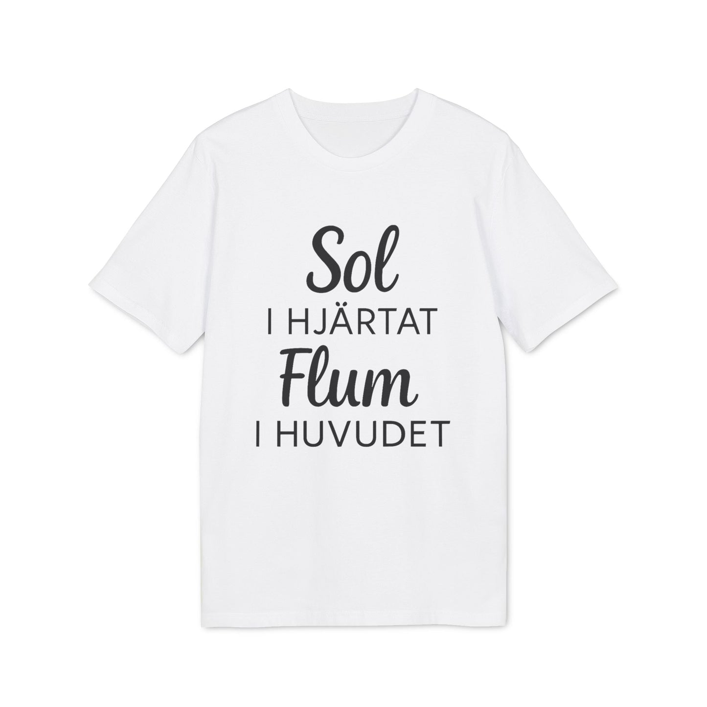 Alt Tag: Sol I Hjärtat Flum I Huvudet 100% Organic Cotton T-Shirt white graphic tee with “Sol I Hjärtat Flum I Huvudet” text