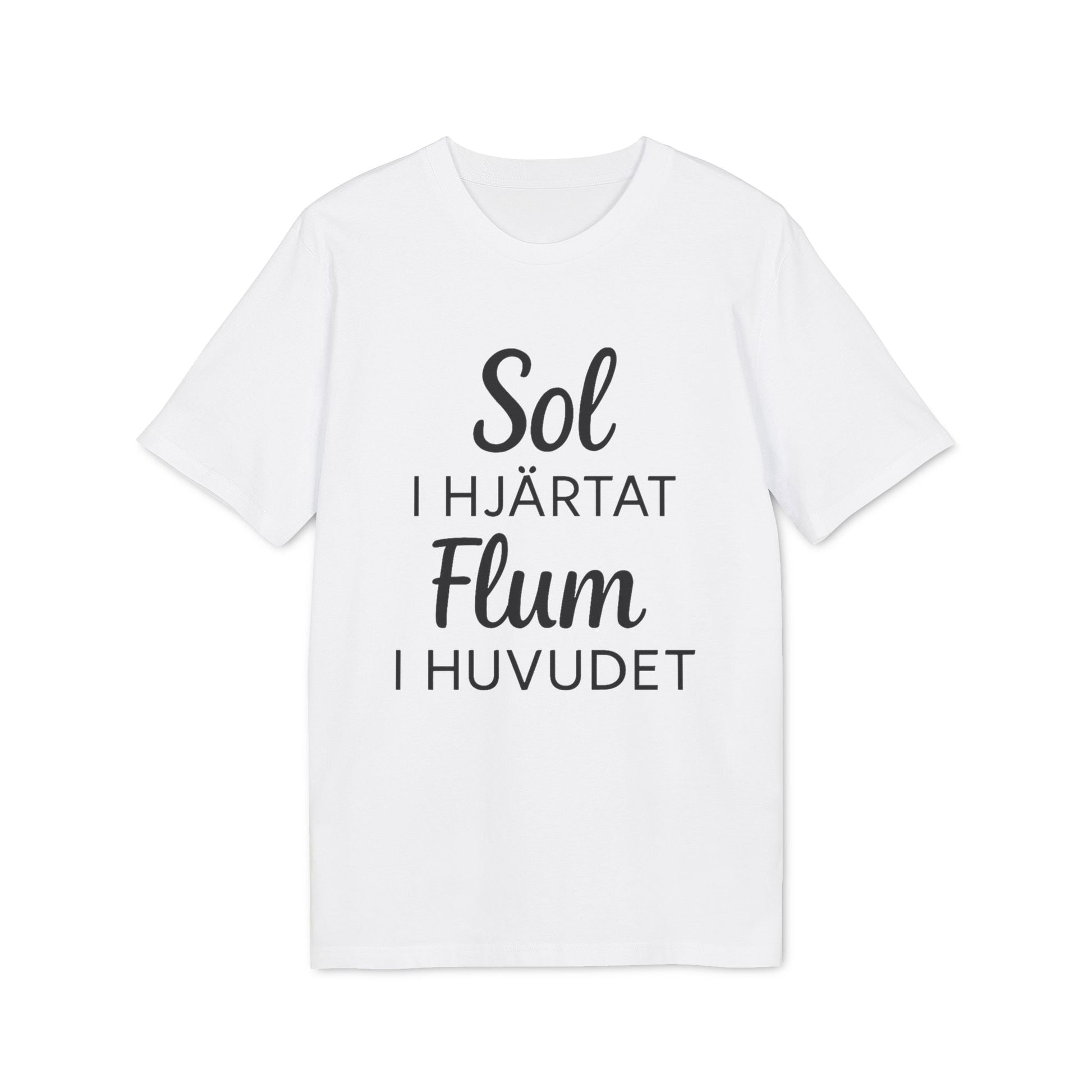 Alt Tag: Sol I Hjärtat Flum I Huvudet 100% Organic Cotton T-Shirt white graphic tee with “Sol I Hjärtat Flum I Huvudet” text