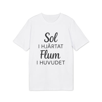 Alt Tag: Sol I Hjärtat Flum I Huvudet 100% Organic Cotton T-Shirt white graphic tee with “Sol I Hjärtat Flum I Huvudet” text