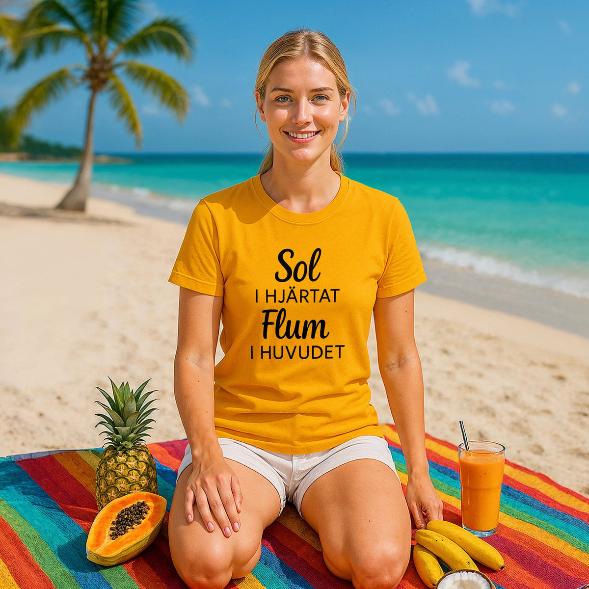 Alt Tag: Sol I Hjärtat Flum I Huvudet 100% Organic Cotton T-Shirt on model at beach, yellow tee with Swedish text print