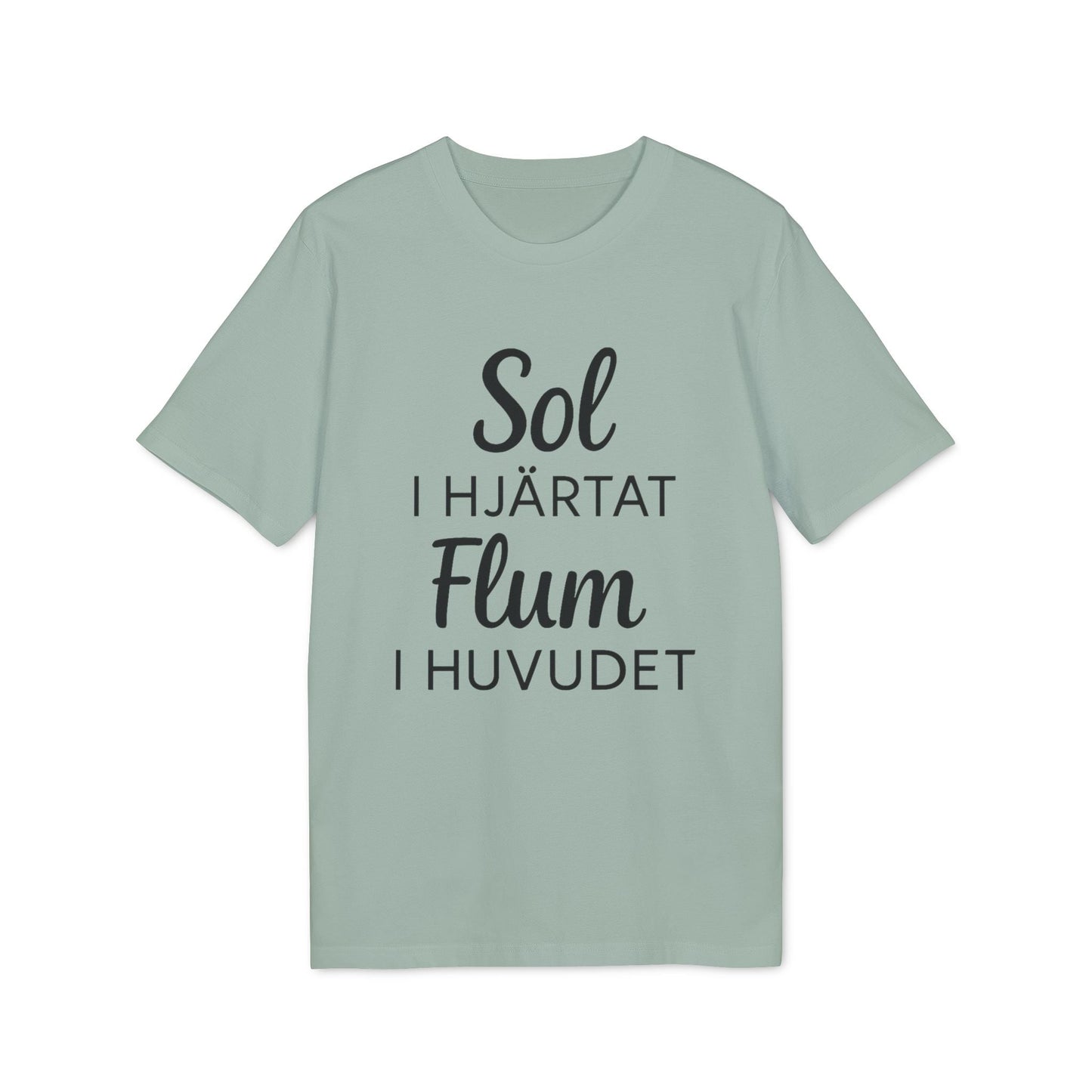 Alt Tag: Sol I Hjärtat Flum I Huvudet 100% Organic Cotton T-Shirt with “Sol I Hjärtat Flum I Huvudet” text print on front, sage green