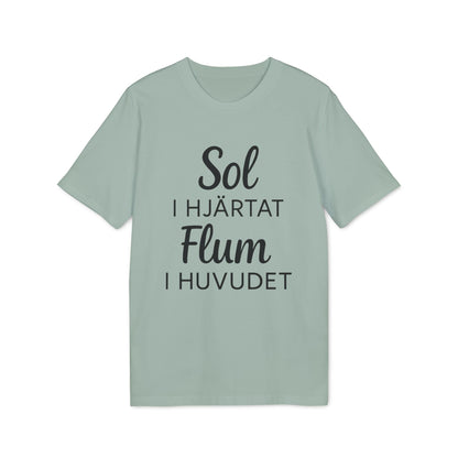 Alt Tag: Sol I Hjärtat Flum I Huvudet 100% Organic Cotton T-Shirt with “Sol I Hjärtat Flum I Huvudet” text print on front, sage green