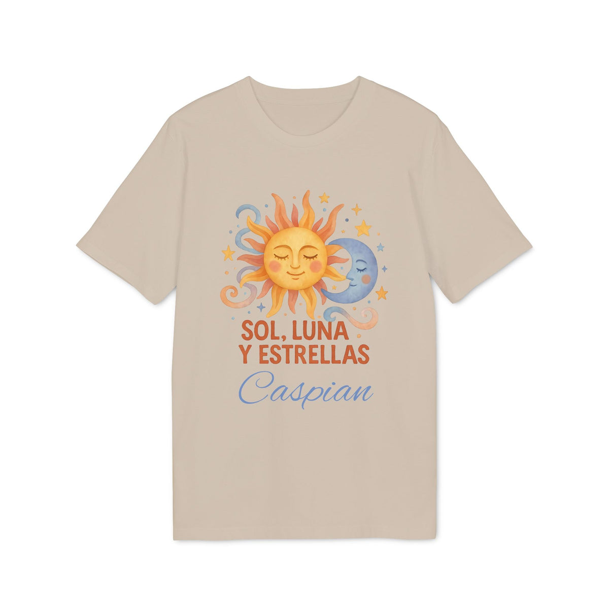 Sol Luna Estrellas Organica Personalizada Waldorf 100% Organic Cotton T-Shirt beige con sol y luna, texto “Sol, Luna y Estrellas” y nombre Caspian