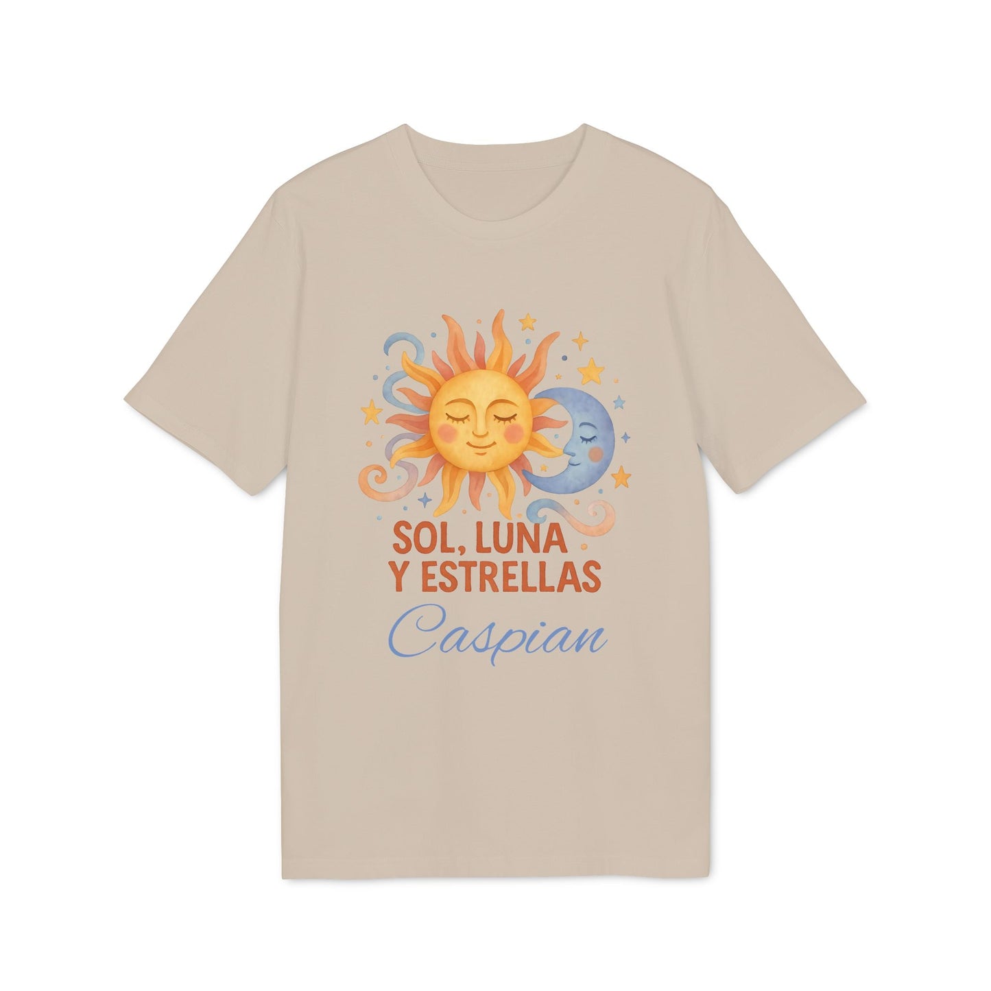Sol Luna Estrellas Organica Personalizada Waldorf 100% Organic Cotton T-Shirt beige con sol y luna, texto “Sol, Luna y Estrellas” y nombre Caspian