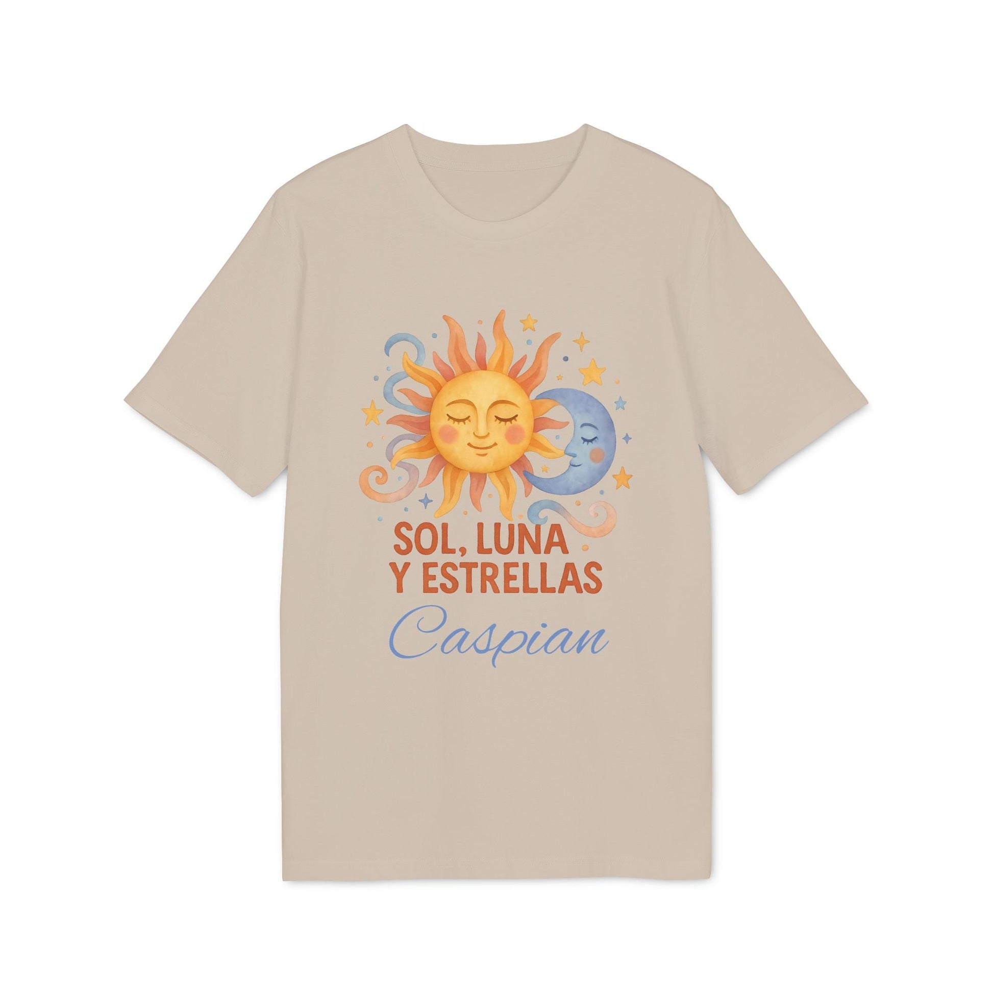 Sol Luna Estrellas Organica Personalizada Waldorf 100% Organic Cotton T-Shirt beige con sol y luna, texto “Sol, Luna y Estrellas” y nombre Caspian