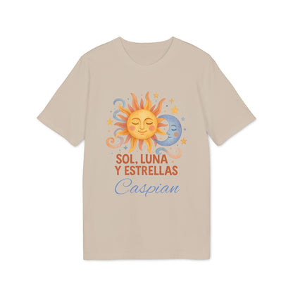 Sol Luna Estrellas Organica Personalizada Waldorf 100% Organic Cotton T-Shirt beige con sol y luna, texto “Sol, Luna y Estrellas” y nombre Caspian