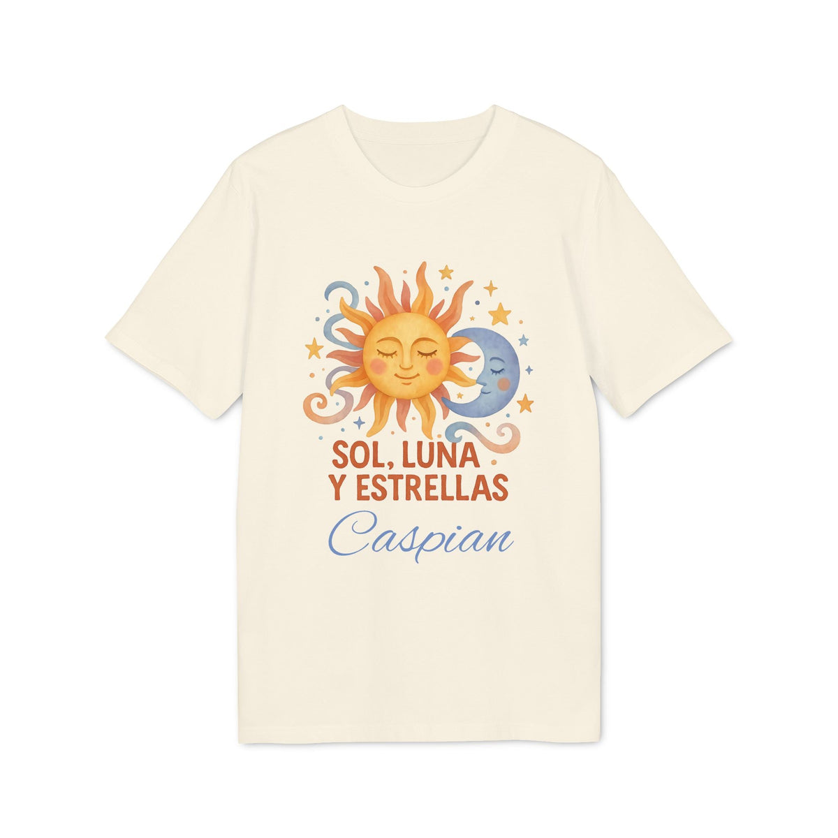 Alt Tag: Sol Luna Estrellas Organica Personalizada Waldorf 100% Organic Cotton T-Shirt color crema con diseño sol luna y estrellas y nombre Caspian
