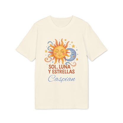Alt Tag: Sol Luna Estrellas Organica Personalizada Waldorf 100% Organic Cotton T-Shirt color crema con diseño sol luna y estrellas y nombre Caspian