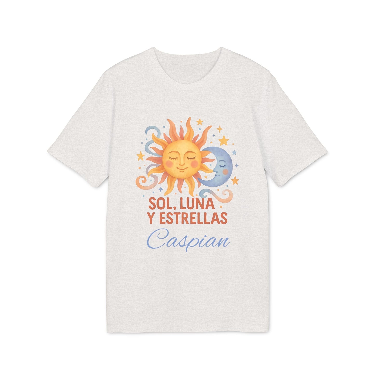 Alt Tag: Sol Luna Estrellas Organica Personalizada Waldorf 100% Organic Cotton T-Shirt con diseño de sol, luna y estrellas y nombre personalizado