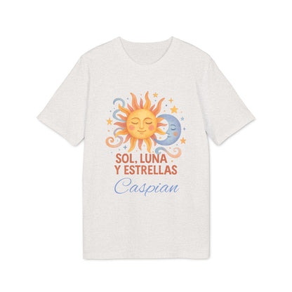 Alt Tag: Sol Luna Estrellas Organica Personalizada Waldorf 100% Organic Cotton T-Shirt con diseño de sol, luna y estrellas y nombre personalizado