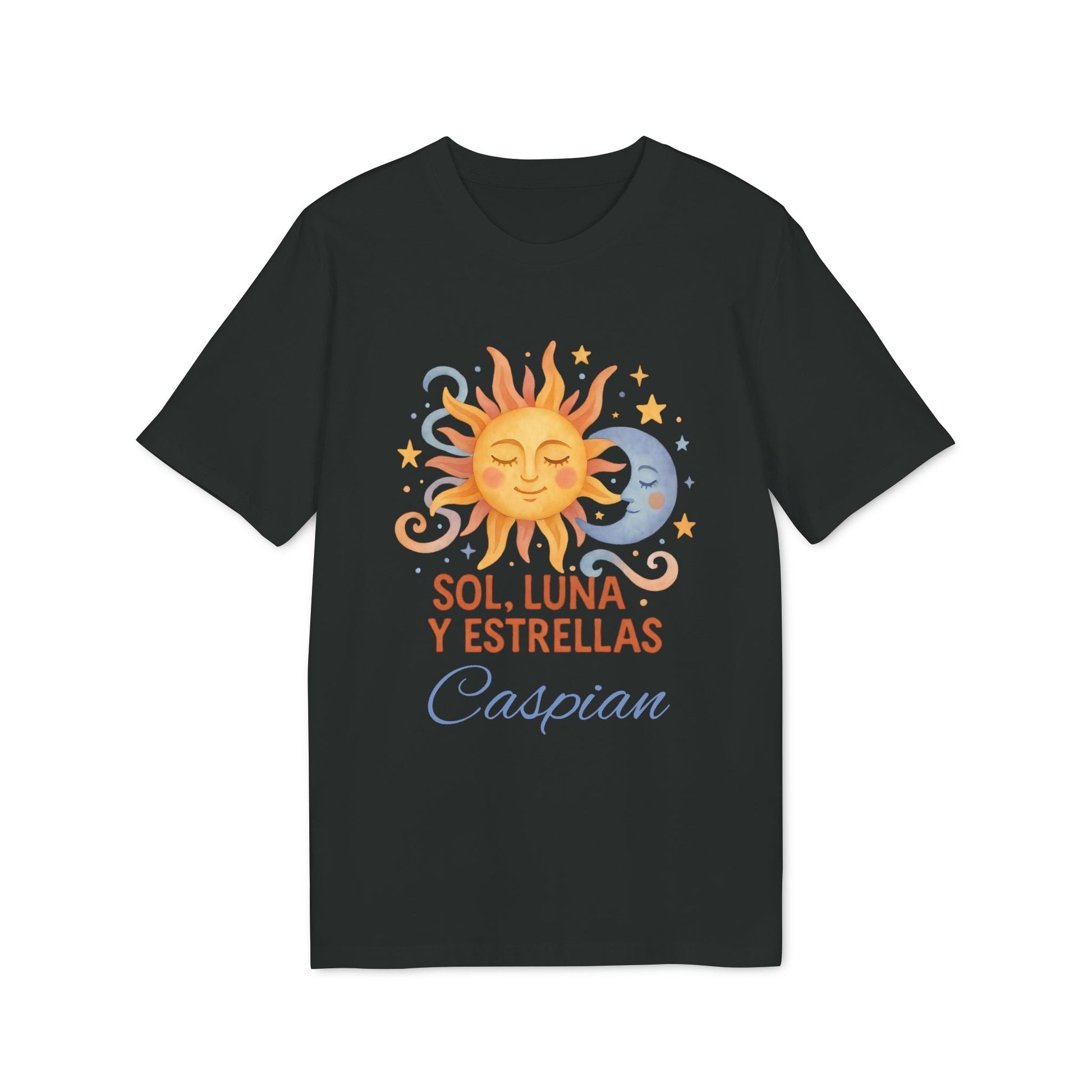 Sol Luna Estrellas Organica Personalizada Waldorf 100% Organic Cotton T-Shirt negra con diseño sol, luna y estrellas y nombre personalizado Caspian