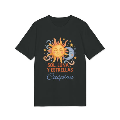 Sol Luna Estrellas Organica Personalizada Waldorf 100% Organic Cotton T-Shirt negra con diseño sol, luna y estrellas y nombre personalizado Caspian