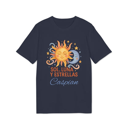 Sol Luna Estrellas Organica Personalizada Waldorf 100% Organic Cotton T-Shirt azul marino con sol, luna, estrellas y nombre personalizado “Caspian”