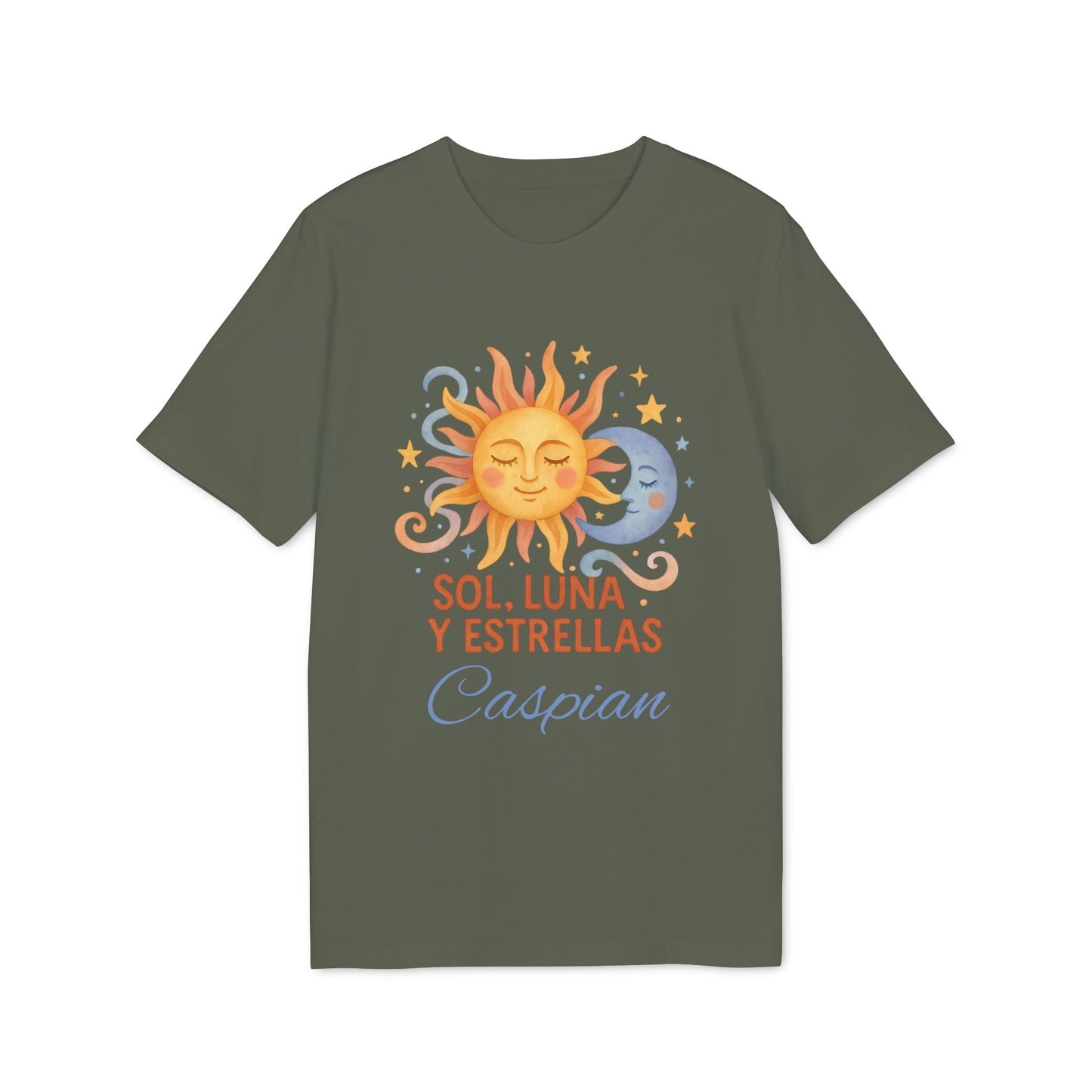 Sol Luna Estrellas Organica Personalizada Waldorf 100% Organic Cotton T-Shirt verde oliva con sol, luna y estrellas y nombre Caspian